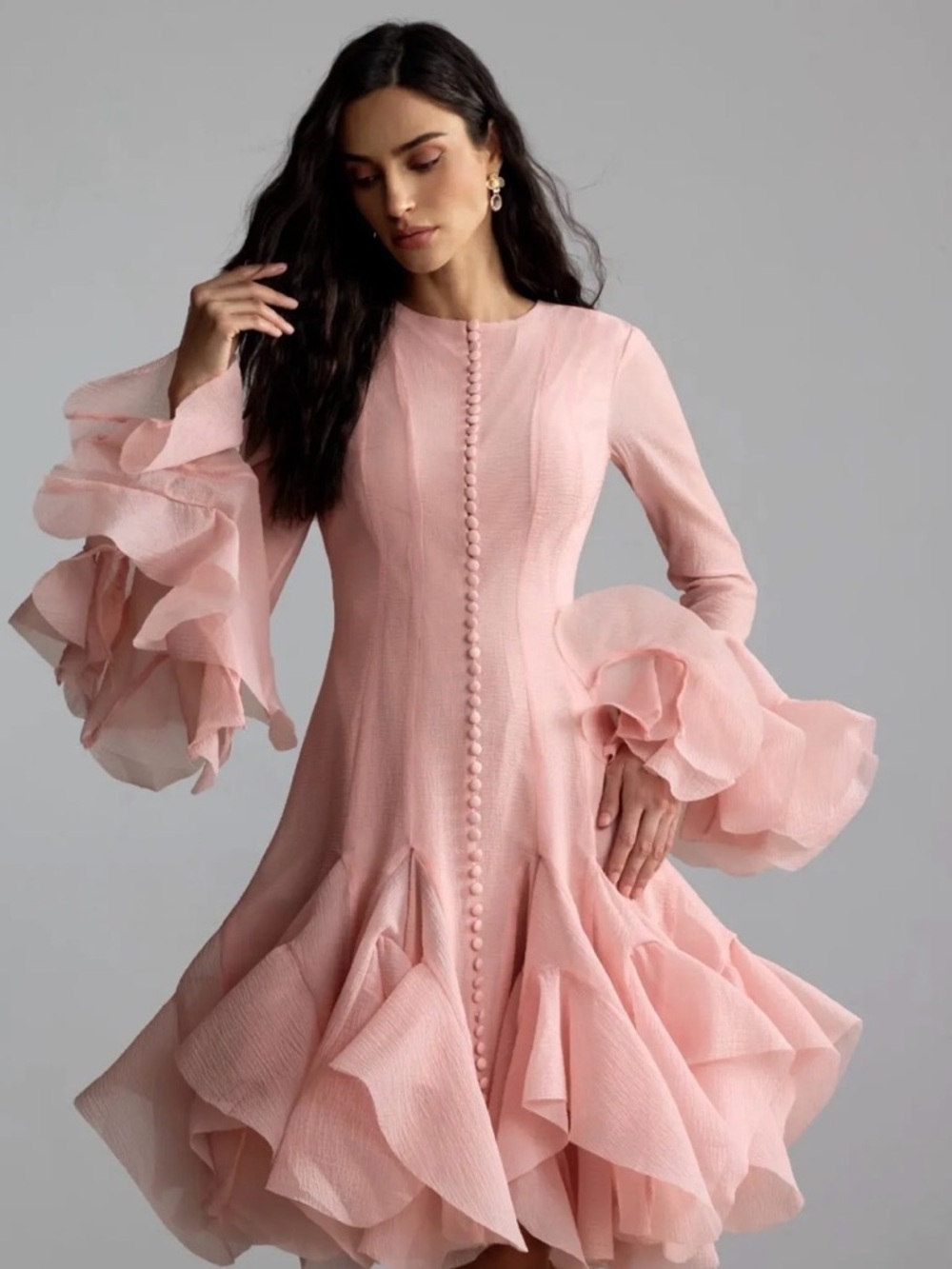 Sunfere Blush Pink Ruffle Midi Dress with Statement Sleeves